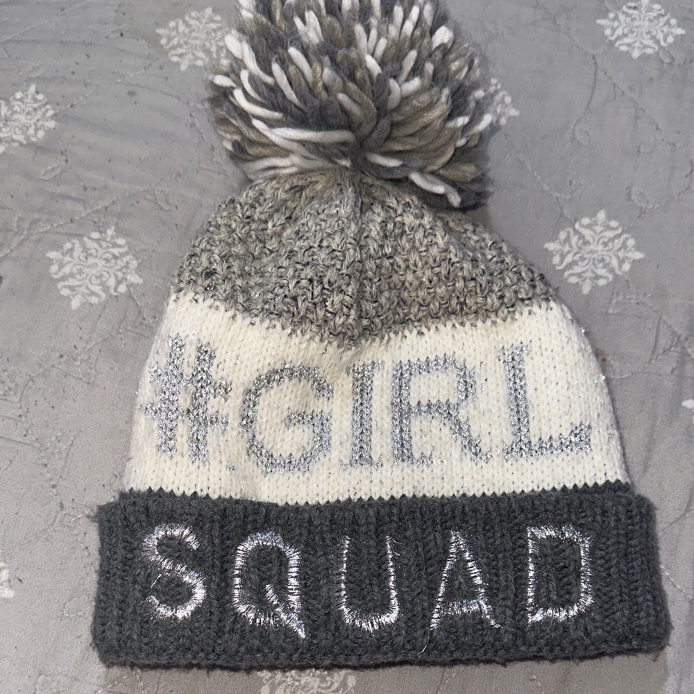 children’s place Gray and White Knit Pom Pom Beanie